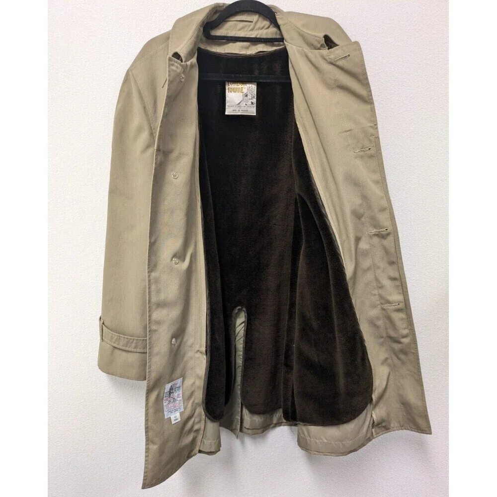 Vintage London Fog Towne Mens Tan Trench Coat Teddy Brown Faux Fur Lining sz 42R